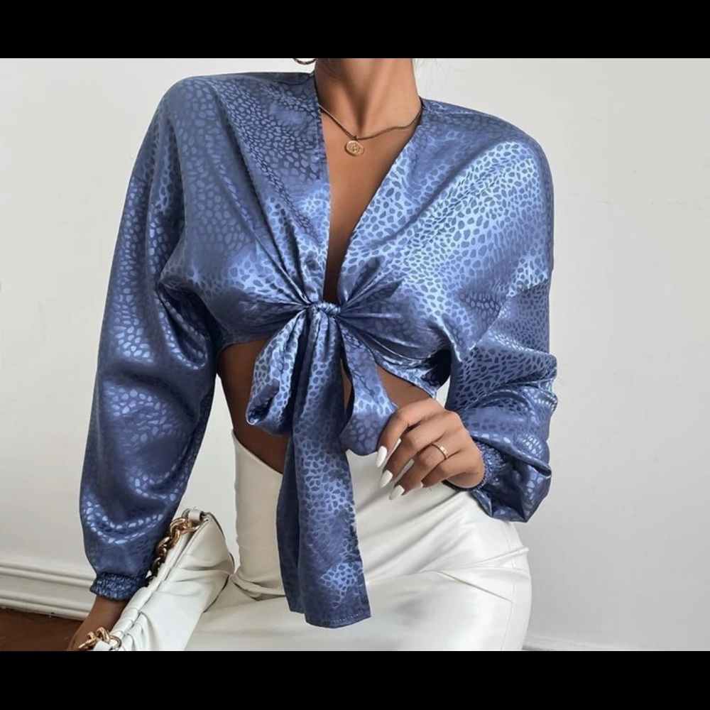 SHEIN Blue Satin Tie-Front Long Sleeve Blouse